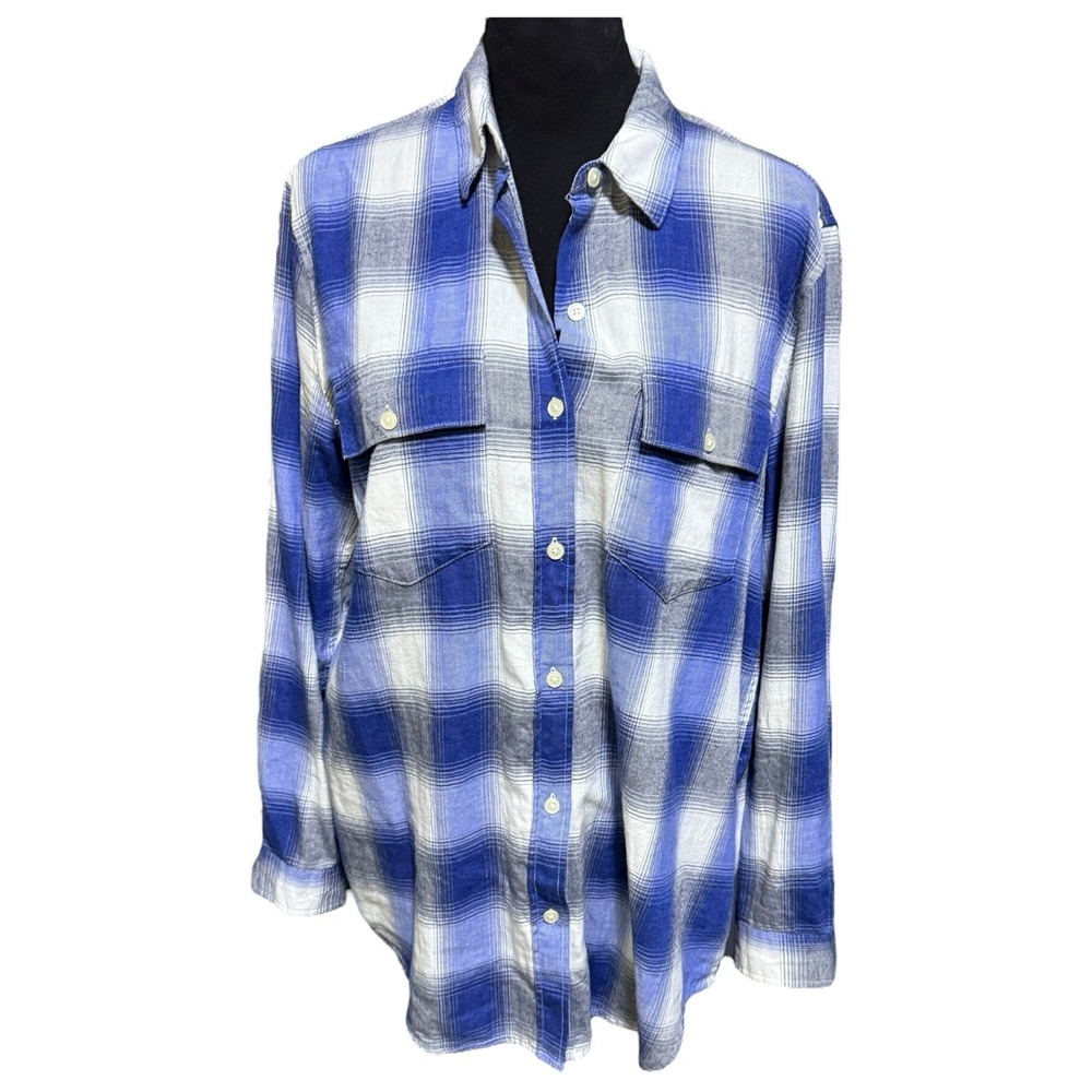 GAP Women's Boyfriend Fit Plaid Flannel Button Down‎ Shirt Large Blue 100%Cotton